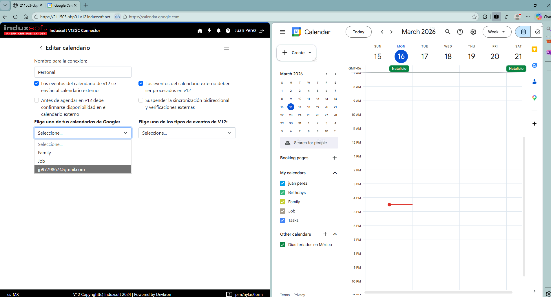 Interfaz de selección de calendario de Google en Induxsoft ERP Cloud V12