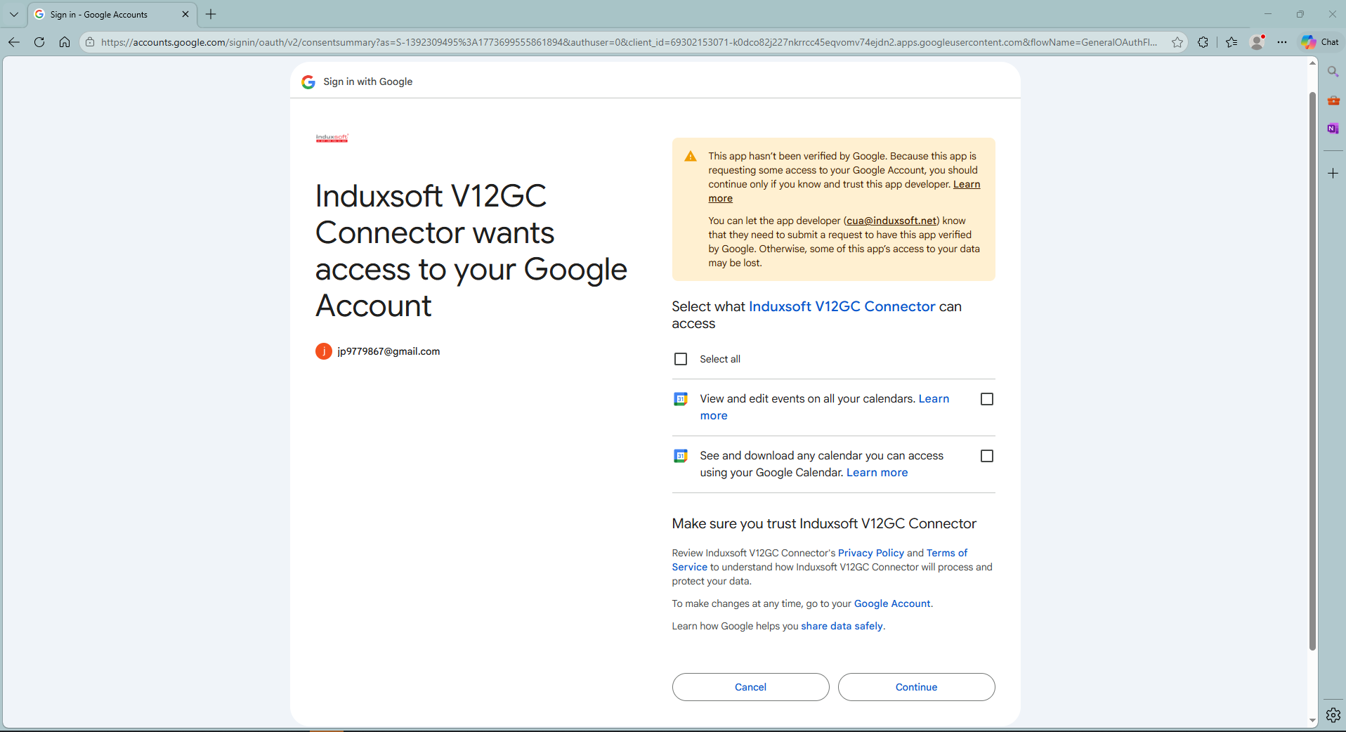 Pantalla de autorización OAuth de Google mostrando los permisos solicitados por Induxsoft V12GC Connector
