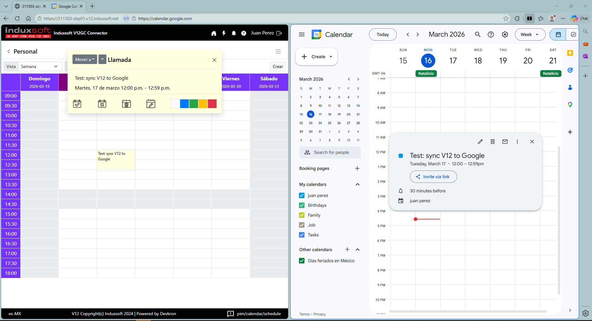 Módulo de calendarios PIM de Induxsoft ERP Cloud V12 (Induxsoft V12GC Connector) con eventos sincronizados desde Google Calendar